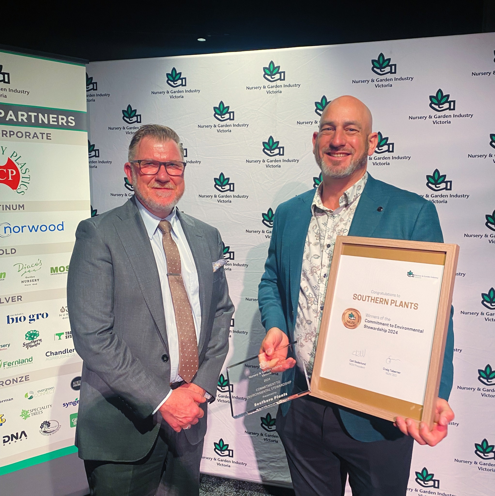 Southern Plants receiving the NGIV Commitment to Environmental Stewardship 2024 award at the Nursery and Garden Industry Victoria awards night